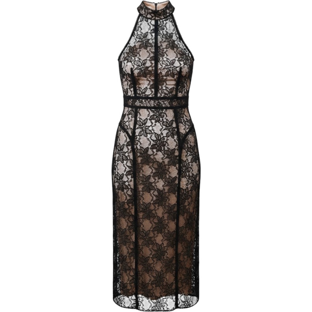 Anthropologie Black Floral Lace Halter Midi Dress Nude Lining 10P Party Formal
